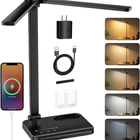 Desk Lamp with USB Charging Port & 【Adapter】, 17IN Tall LED Desk Lamps for Home - Picture 1 of 6